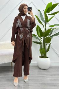 GOLD İNCİ BROŞLU KETEN TAKIM