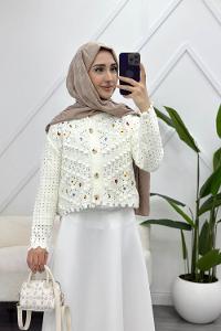 İNCİ İŞLEMELİ KREP YELEKLİ TAKIM