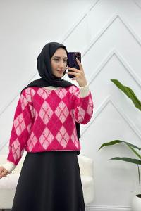 BASİC YAKA BAKLAVA DESENLİ  KADIN KAZAK