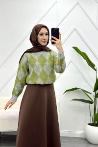 BASİC YAKA BAKLAVA DESENLİ  KADIN KAZAK