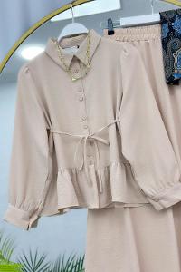 KOLLAR FIRFIRLI GOLD DÜĞME DETAYLI PANTOLONLU TAKIM