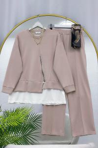 METALİK BONCUK DETAYLI PANTOLONLU KADIN KOT TAKIM