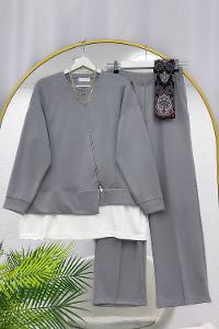 METALİK BONCUK DETAYLI PANTOLONLU KADIN KOT TAKIM