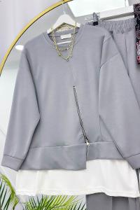 METALİK BONCUK DETAYLI PANTOLONLU KADIN KOT TAKIM