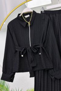 METALİK BONCUK DETAYLI PANTOLONLU KADIN KOT TAKIM