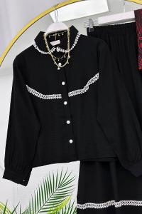 METALİK BONCUK DETAYLI PANTOLONLU KADIN KOT TAKIM