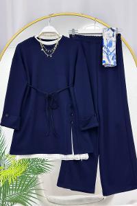 METALİK BONCUK DETAYLI PANTOLONLU KADIN KOT TAKIM