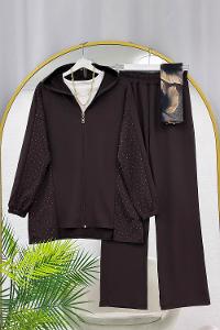 METALİK BONCUK DETAYLI PANTOLONLU KADIN KOT TAKIM