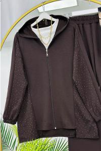 METALİK BONCUK DETAYLI PANTOLONLU KADIN KOT TAKIM