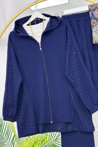 METALİK BONCUK DETAYLI PANTOLONLU KADIN KOT TAKIM