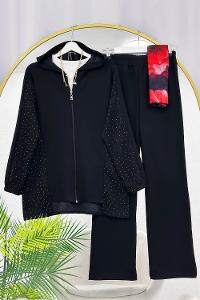 METALİK BONCUK DETAYLI PANTOLONLU KADIN KOT TAKIM